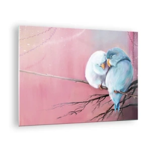 Glastavla - Bild på glas - Två turturduvor som sitter på en gren mot en rosa bakgrund - 70x50cm - Lägga till något?… - Modern väggdekoration för vardagsrum och sovrum ARTTOR