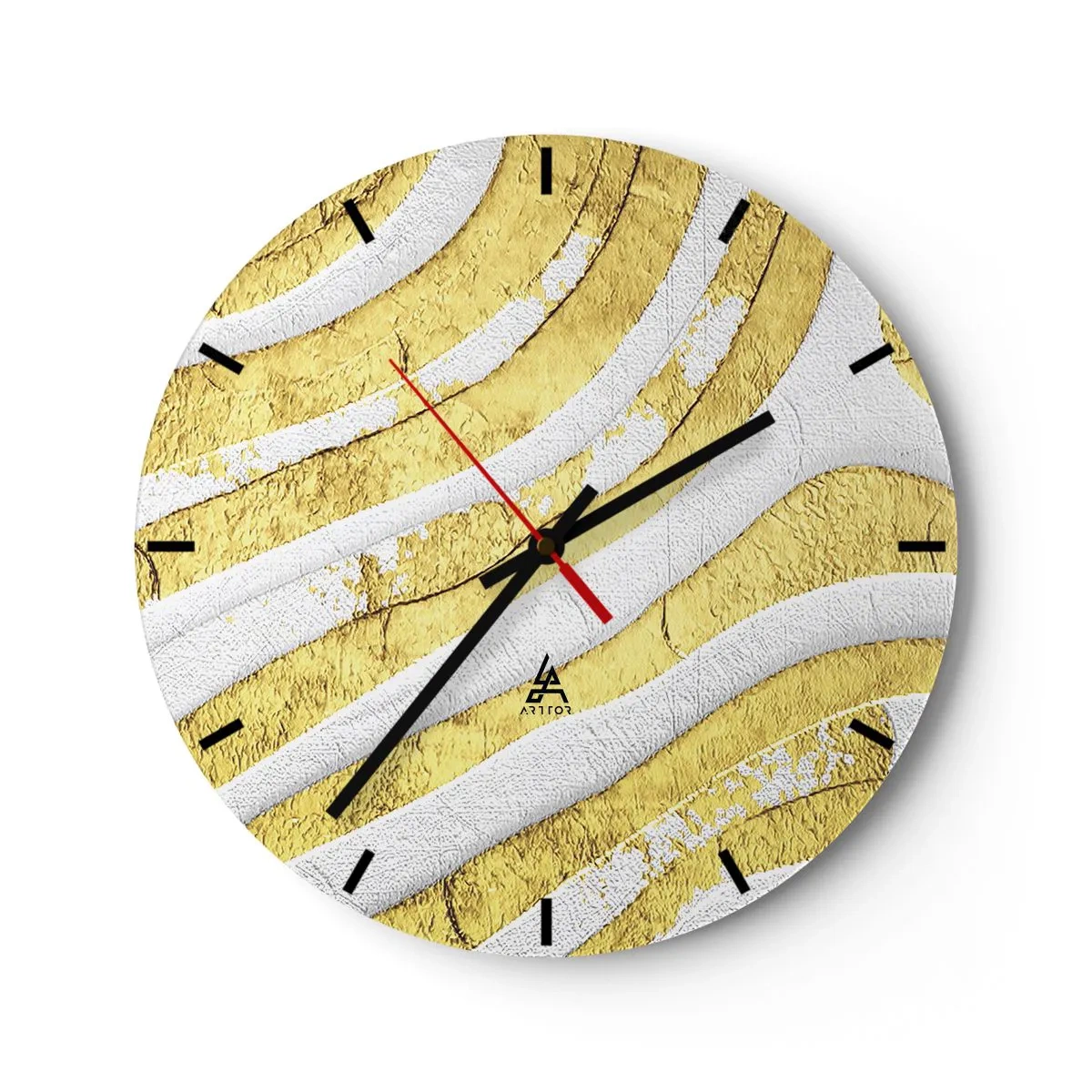 Väggklocka - Klocka på glas - Guld- och vita vågor i en abstrakt textur - 30x30cm - Komposition i vitt och guld - Modern väggdekoration för vardagsrum, kök och sovrum ARTTOR