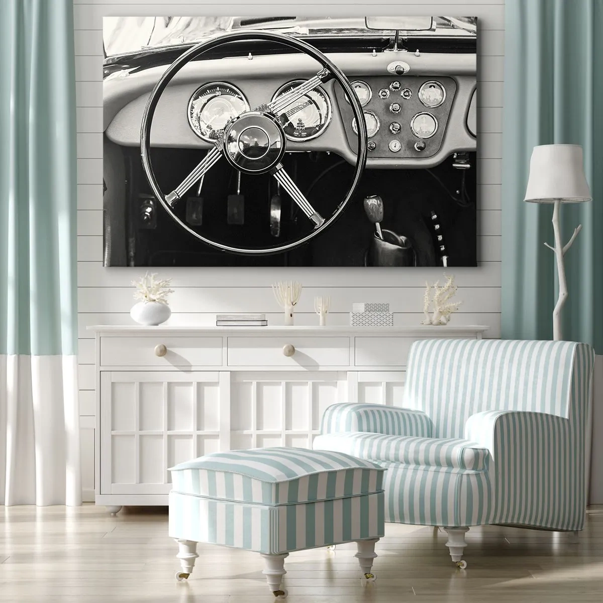Canvastavla - Bild på duk - Svartvit klassisk bilinredning - 70x50cm - Samlarens dröm - Modern väggdekoration för vardagsrum och sovrum ARTTOR