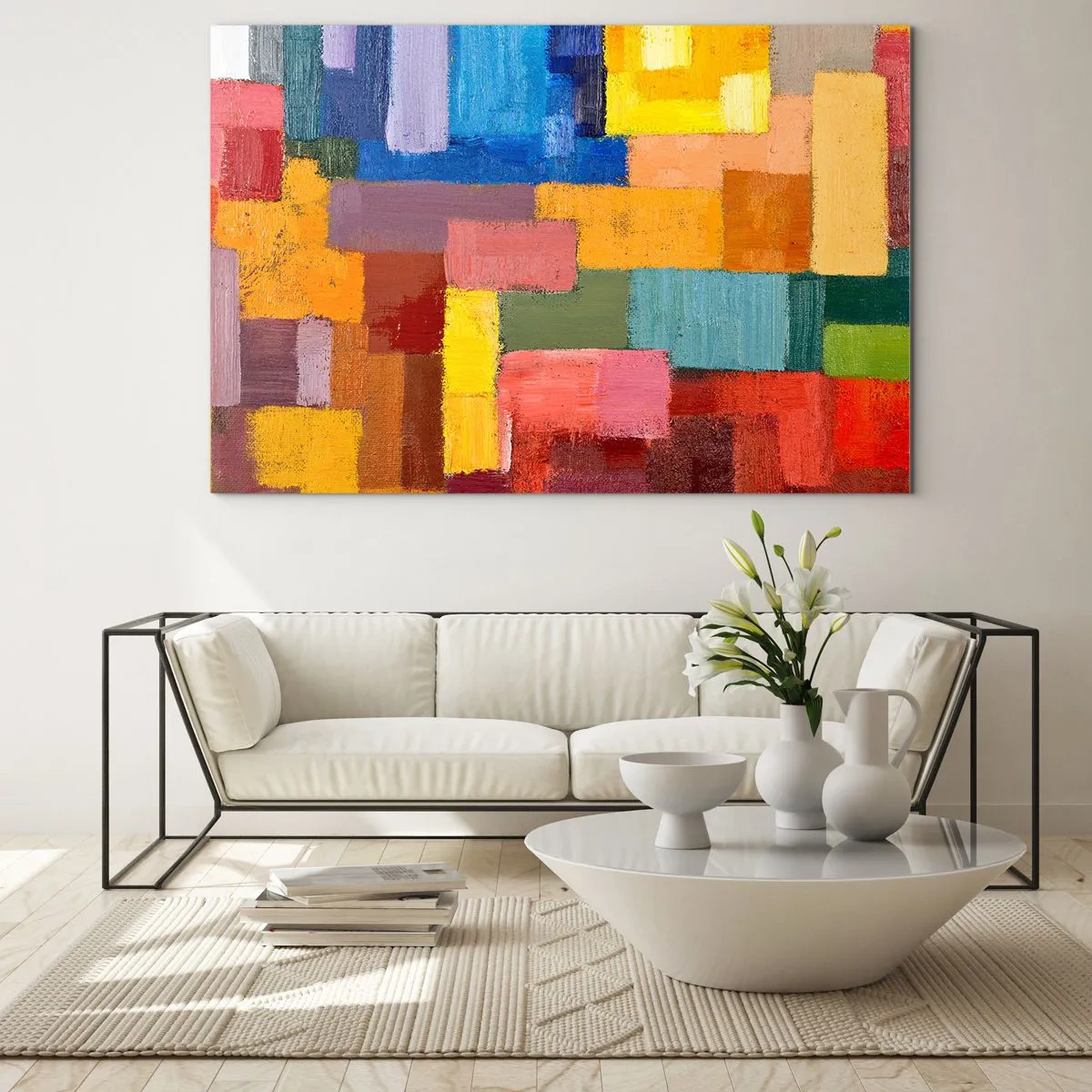 Glastavla - Bild på glas - Abstrakt komposition av färgade rektanglar - 70x50cm - Alla olika, alla färgglada - Modern väggdekoration för vardagsrum och sovrum ARTTOR
