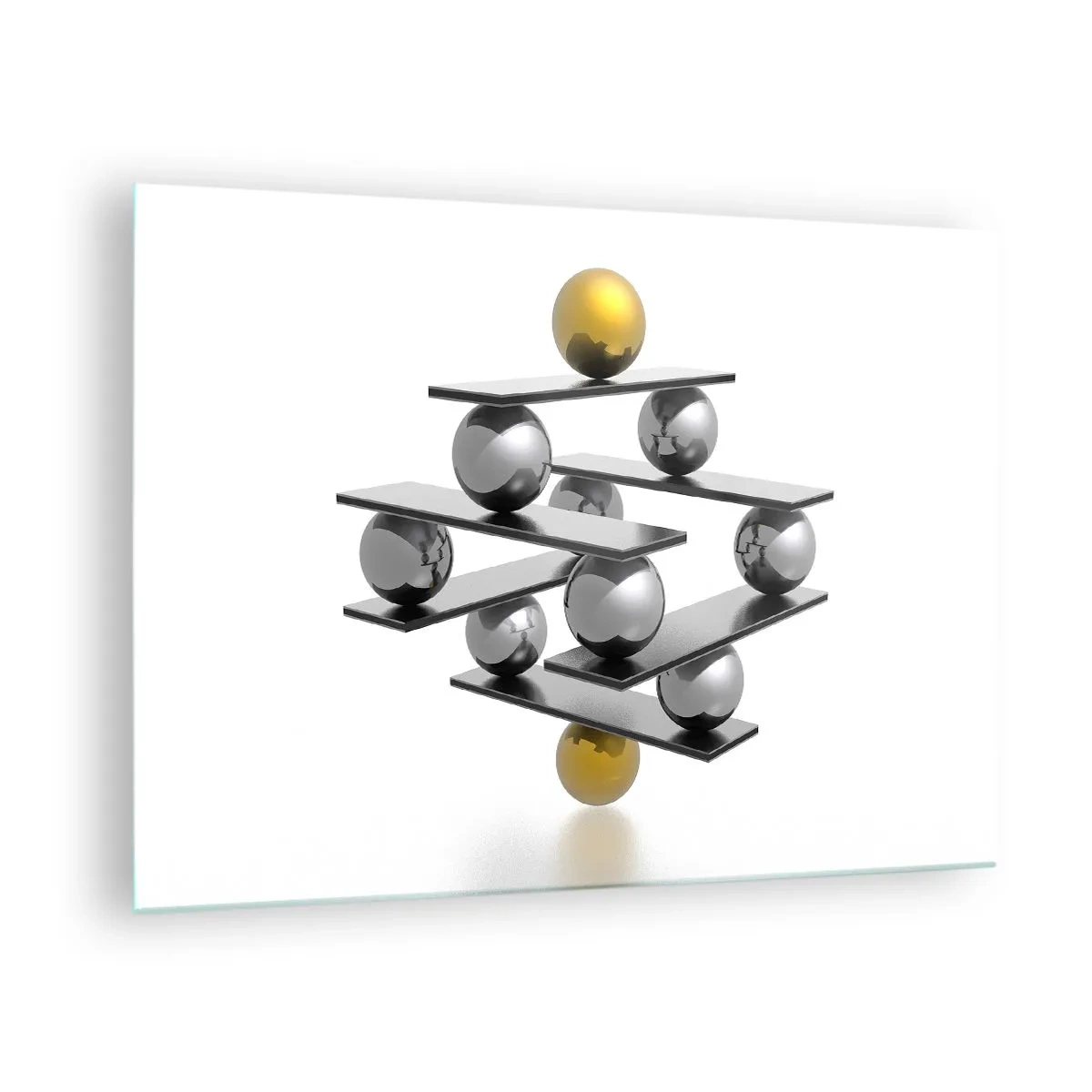 Glastavla - Bild på glas - Geometrisk komposition med bollar och plattformar på vit bakgrund - 70x50cm - Guld-silver balans - Modern väggdekoration för vardagsrum och sovrum ARTTOR