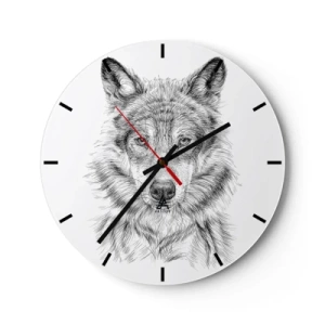 Väggklocka - Klocka på glas - Svartvit skiss av ett varghuvud på vit bakgrund - 30x30cm - En född ledare - Modern väggdekoration för vardagsrum, kök och sovrum ARTTOR