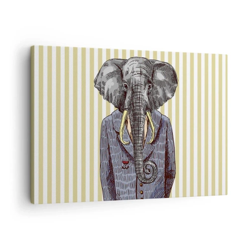 Canvastavla - Bild på duk - En elefant i kostym mot en bakgrund av beige ränder - 70x50cm - Elegant ur naturen - Modern väggdekoration för vardagsrum och sovrum ARTTOR