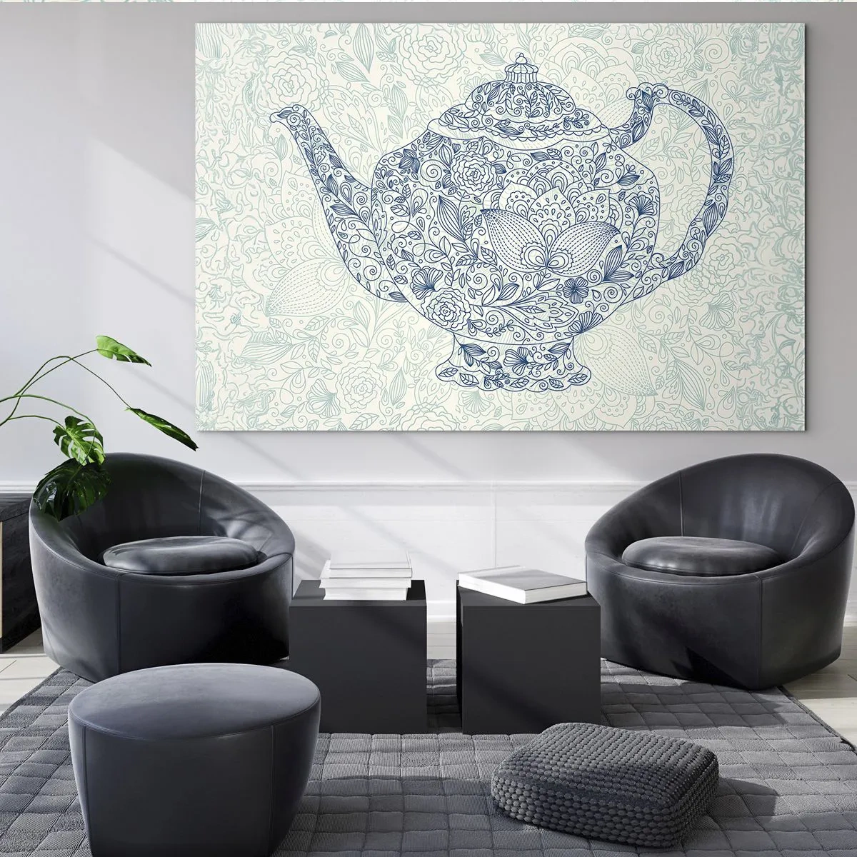 Glastavla - Bild på glas - Blommig tekanna i vintagestil - 70x50cm - Techarm - Modern väggdekoration för vardagsrum och sovrum ARTTOR