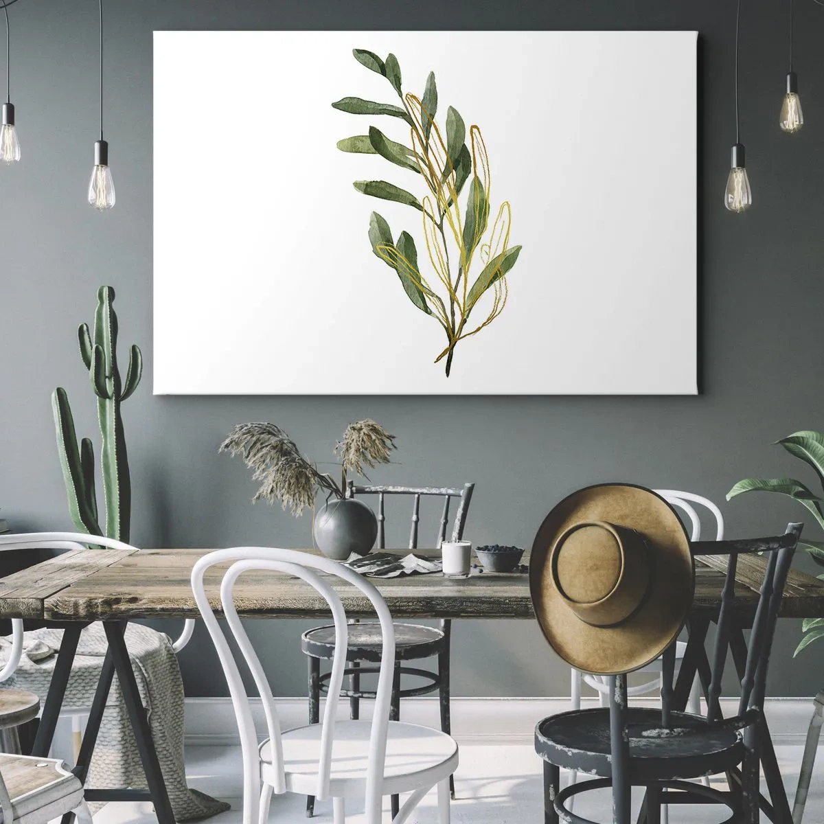 Canvastavla - Bild på duk - Grön gren med löv på en vit bakgrund - 70x50cm - Allt som är gott - Modern väggdekoration för vardagsrum och sovrum ARTTOR