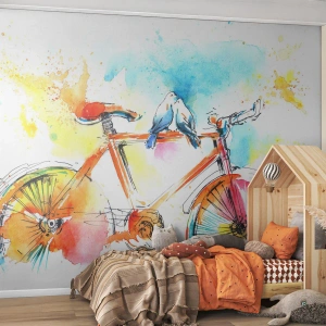 Självhäftande Fototapet Deluxe Sticker - Två på cykel - Abstraktion, Cykel, Fåglar - 300x210 cm