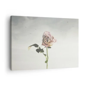 Canvastavla - Bild på duk - En delikat ros mot en ljus himmel med flygande fåglar - 70x50cm - Vårens välkomst - Modern väggdekoration för vardagsrum och sovrum ARTTOR