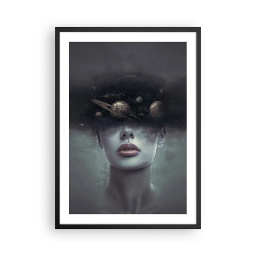 Affisch i svart ram - Mystiskt porträtt av en kvinna med planeter i rymden - 50x70cm - Och planeterna blir galna... - Modern väggdekoration för vardagsrum och sovrum ARTTOR