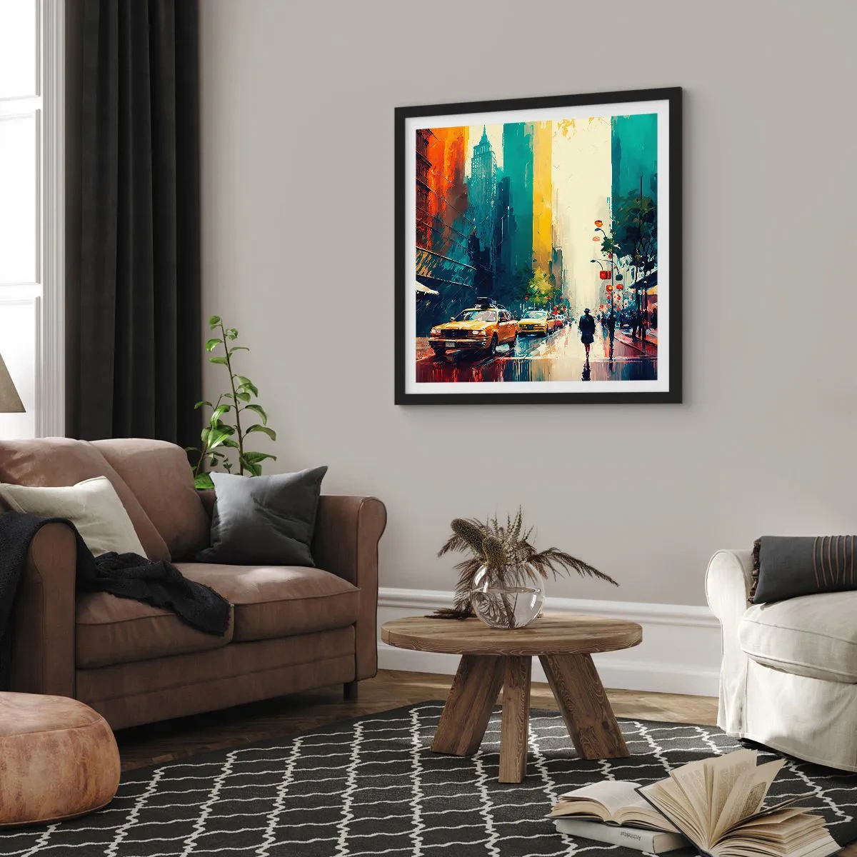Affisch i svart ram - New York - här är till och med regnet färgstarkt - 40x40 cm