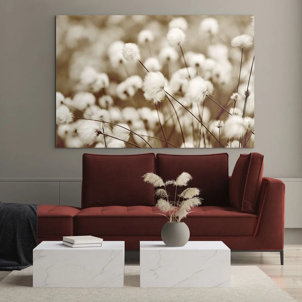 Glastavla - Bild på glas - Ett fält av fluffigt gräs i sepia nyanser - 70x50cm - Fluffig åkermark - Modern väggdekoration för vardagsrum och sovrum ARTTOR