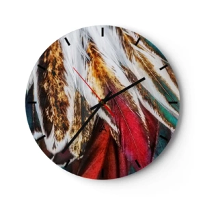 Väggklocka - Klocka på glas - Närbild av färgglada fjädrar i nyanser av brunt, rött och grönt - 30x30cm - flyghemligheter - Modern väggdekoration för vardagsrum, kök och sovrum ARTTOR