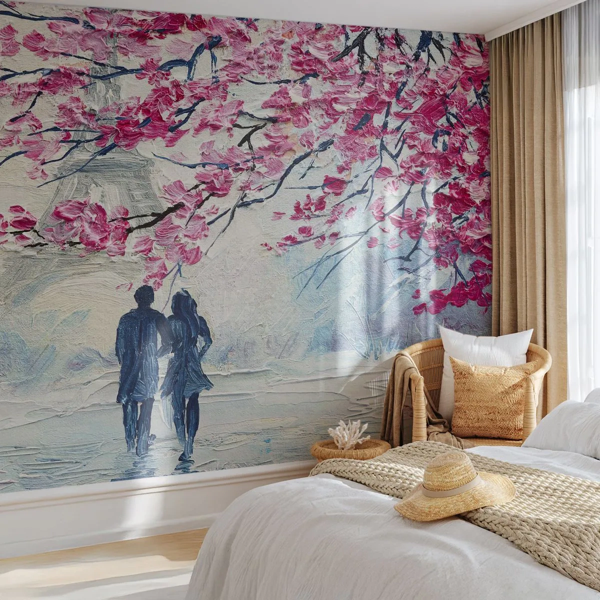 Fototapet Standard Eco - Romantiskt par under körsbärsblommorna - 100x70cm - Romantisk promenad - Modern väggdekoration för vardagsrum och sovrum ARTTOR