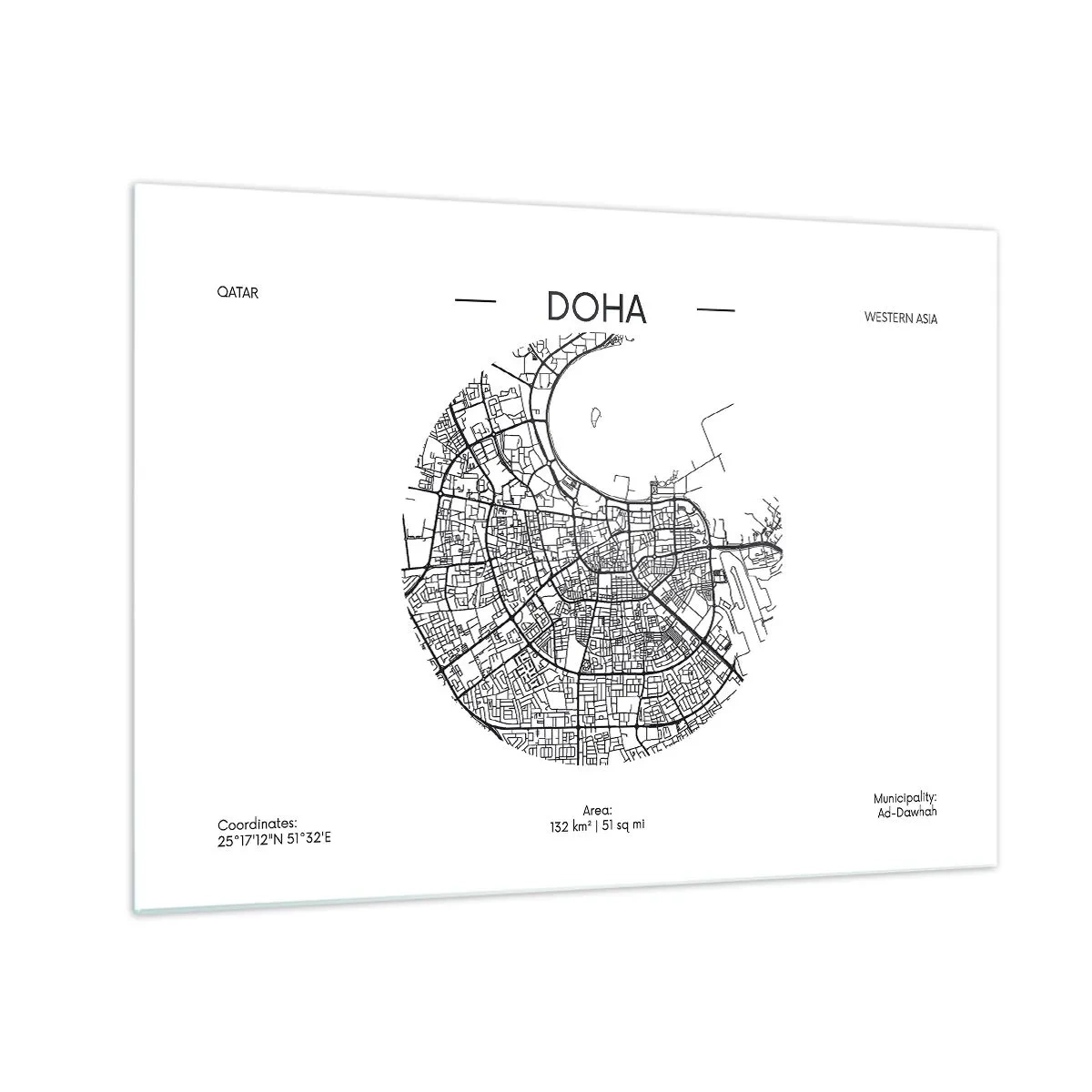 Glastavla - Bild på glas - En grafisk karta över Doha i svartvit minimalistisk stil. - 70x50cm - Dohas anatomi - Modern väggdekoration för vardagsrum och sovrum ARTTOR