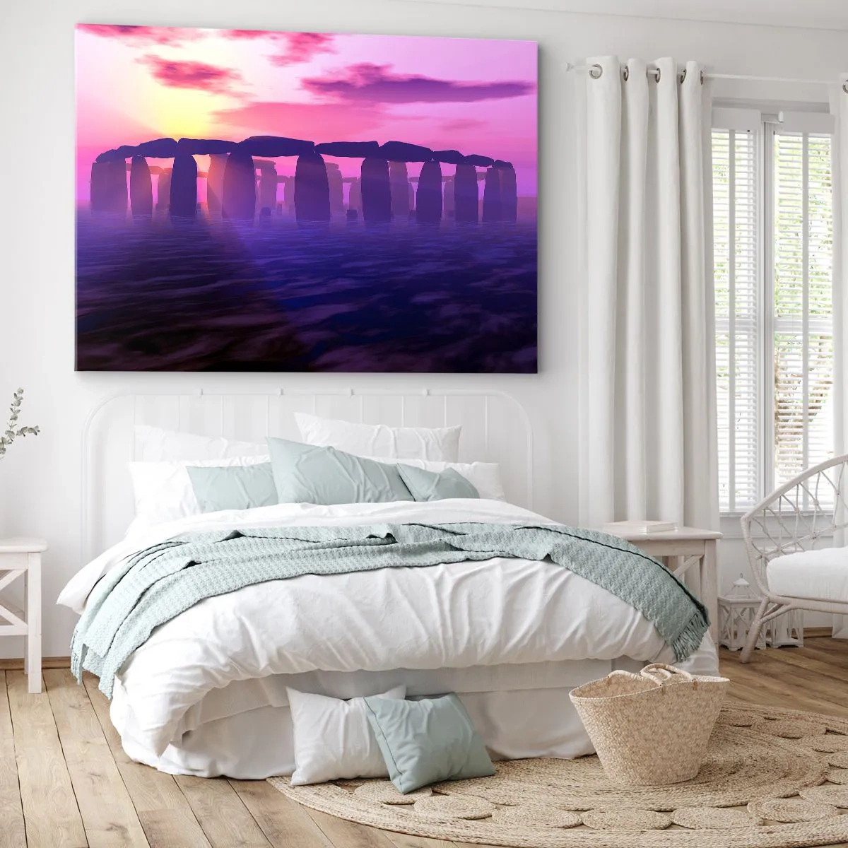 Canvastavla - Bild på duk - Stencirkel vid solnedgången med en lila himmel - 70x50cm - Gryningens hemlighet i dimma - Modern väggdekoration för vardagsrum och sovrum ARTTOR