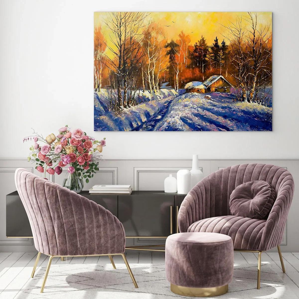 Glastavla - Bild på glas - Vinterlandskap med en trästuga vid solnedgången - 70x50cm - Vinterimpression i solen - Modern väggdekoration för vardagsrum och sovrum ARTTOR