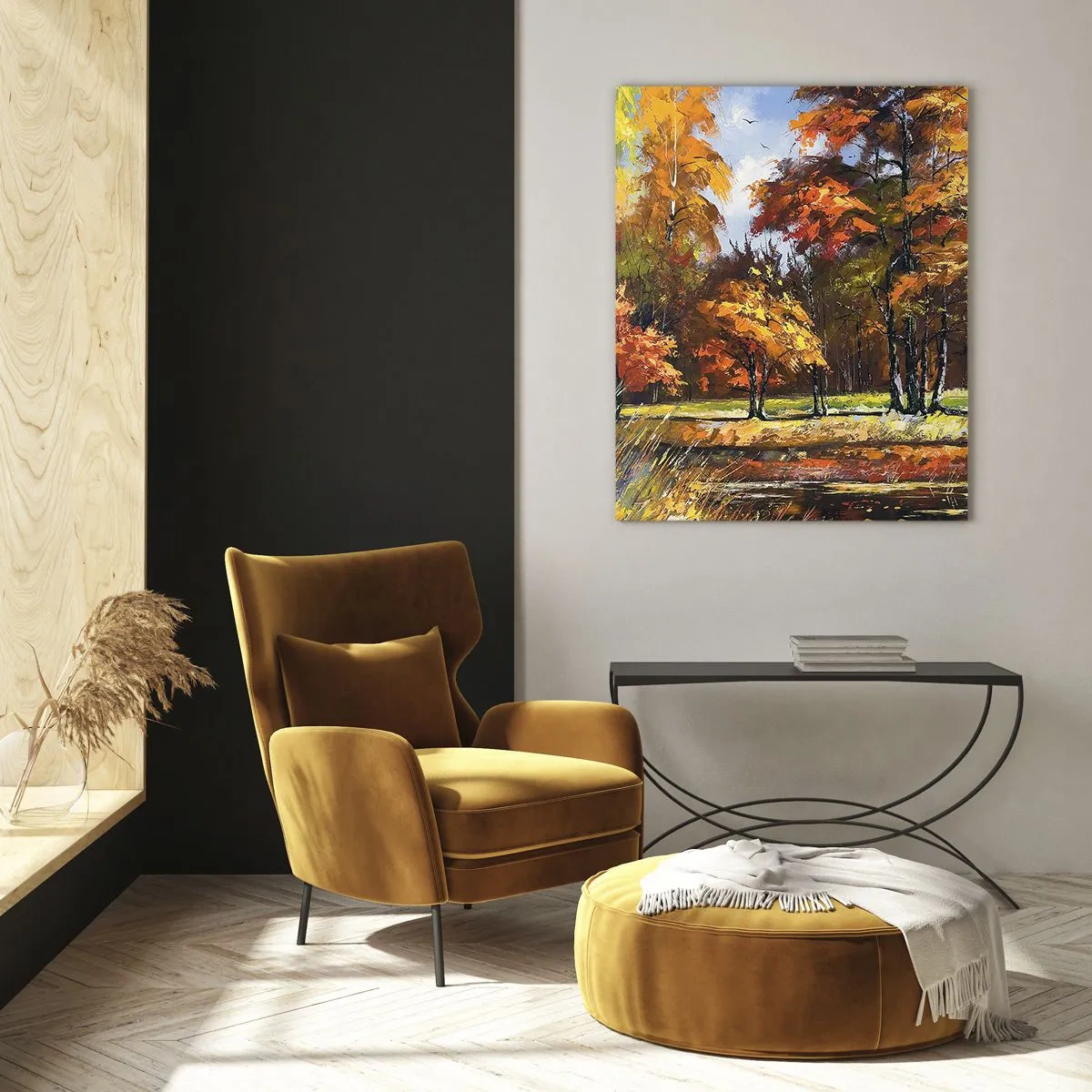Glastavla - Bild på glas - Landskap i guld och brons - 70x100 cm