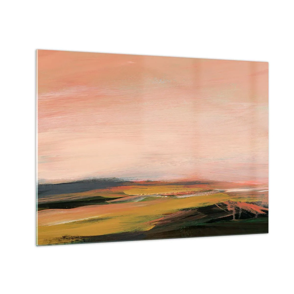 Glastavla - Bild på glas - Ett abstrakt landskap i nyanser av rosa och bengrönt. - 70x50cm - I rosa - Modern väggdekoration för vardagsrum och sovrum ARTTOR