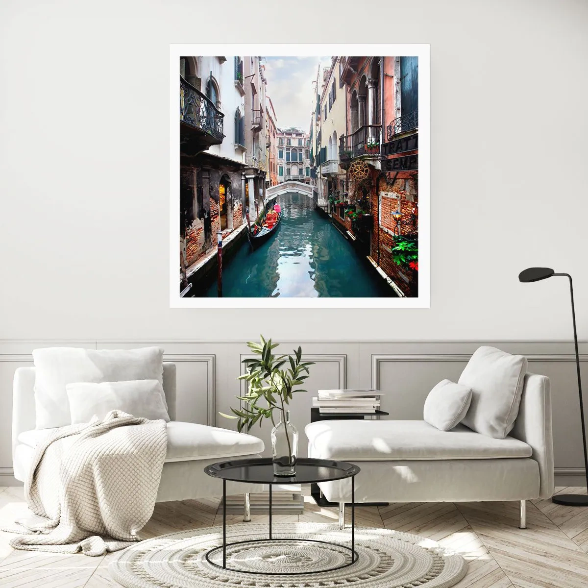 Affisch - Venedig-landskap med gondol och bro - 40x40 cm