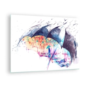 Glastavla - Bild på glas - En färgglad stad i bakgrunden under ett svart paraply - 70x50cm - Promenad i regnet - Modern väggdekoration för vardagsrum och sovrum ARTTOR