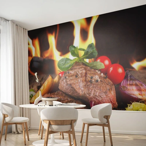 Fototapet Premium Sand - Framtrollad med glöd - Gastronomi, biff, Flames of Fire - 150x105 cm