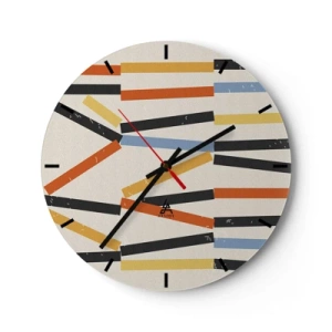 Väggklocka - Klocka på glas - Färgade och svarta rektanglar arrangerade horisontellt på en ljus bakgrund - 30x30cm - Horisontell komposition - Modern väggdekoration för vardagsrum, kök och sovrum ARTTOR