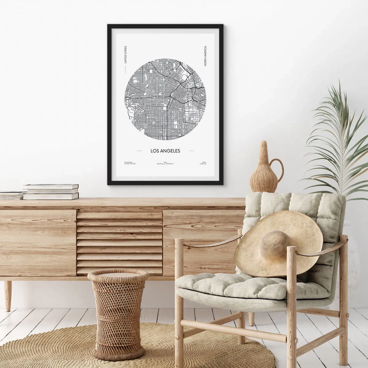 Affisch i svart ram - En minimalistisk karta över Los Angeles i svartvitt. - 50x70cm - Los Angeles anatomi - Modern väggdekoration för vardagsrum och sovrum ARTTOR