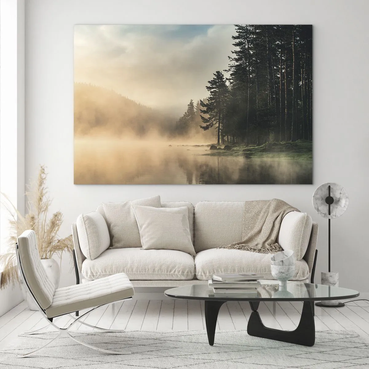 Glastavla - Bild på glas - En dimmig morgon över en skogssjö - 70x50cm - Dagen föds - Modern väggdekoration för vardagsrum och sovrum ARTTOR