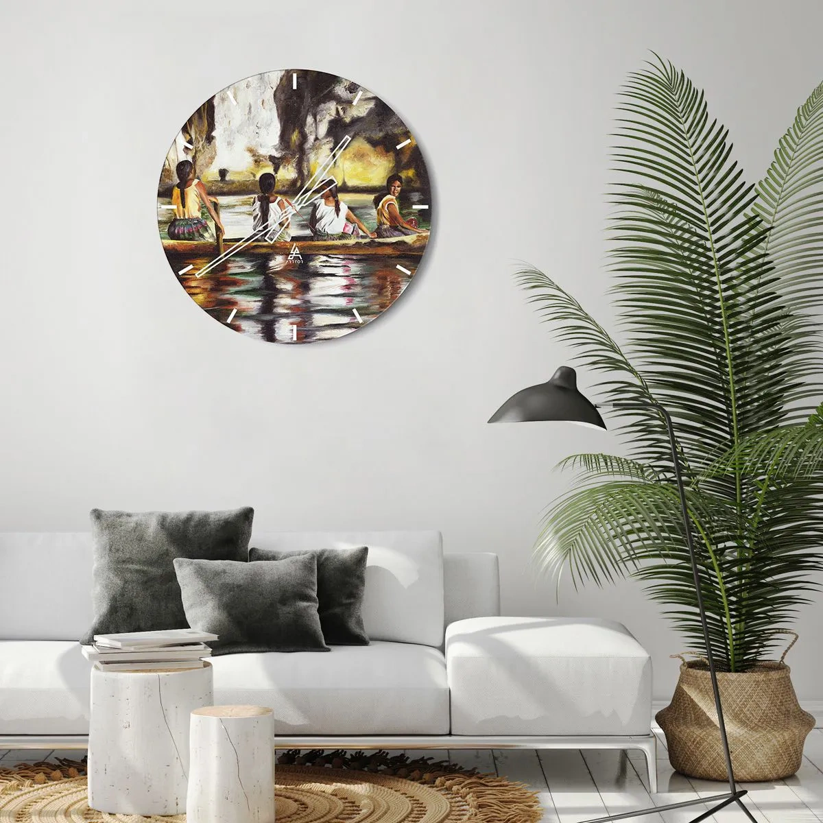 Väggklocka - Klocka på glas - Kvinnor på en båt i ett tropiskt landskap med vatten och klippor - 30x30cm - I polynesiskt paradis - Modern väggdekoration för vardagsrum, kök och sovrum ARTTOR