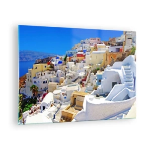 Glastavla - Bild på glas - Santorini med vita hus mot en blå himmel - 70x50cm - En dröm om grekisk sommar - Modern väggdekoration för vardagsrum och sovrum ARTTOR