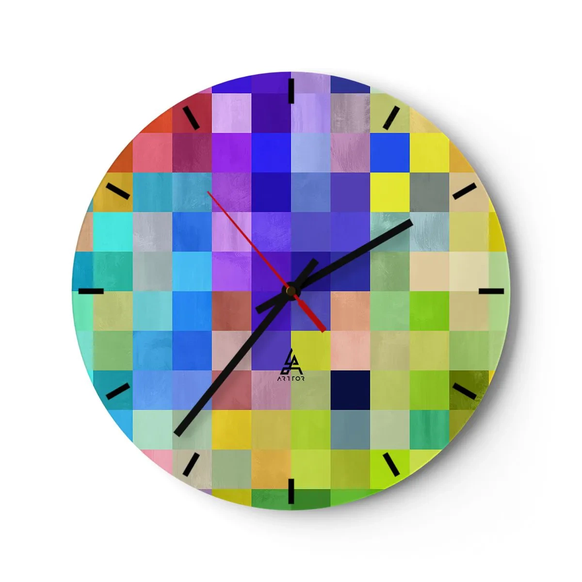 Väggklocka - Klocka på glas - En mosaik av färgglada rutor i modern stil - 30x30cm - Alla olika, alla jämna - Modern väggdekoration för vardagsrum, kök och sovrum ARTTOR