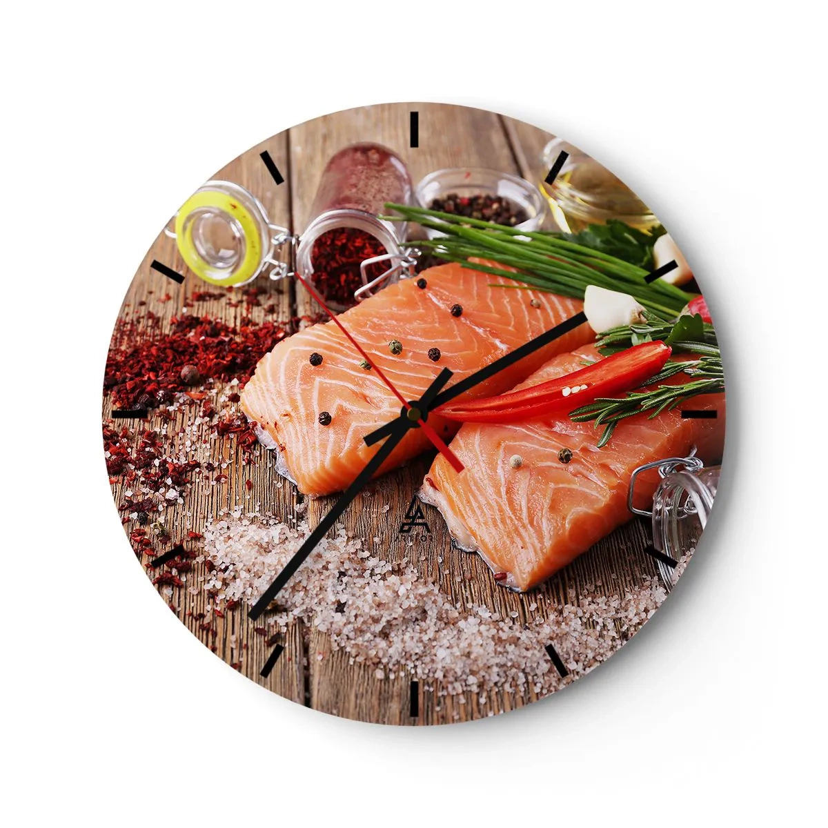 Väggklocka - Klocka på glas - Laxfilé med kryddor - 30x30cm - Norskt äventyr i köket - Modern väggdekoration för vardagsrum, kök och sovrum ARTTOR