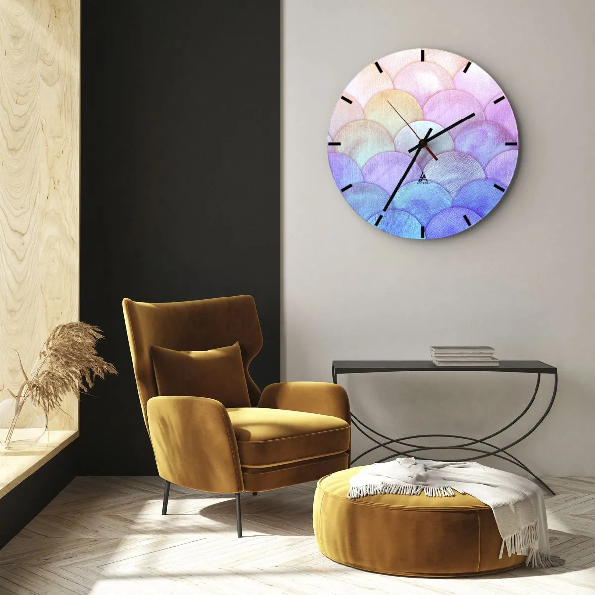 Väggklocka - Klocka på glas - Halvcirkelformade pastellfärger i nyanser av rosa, lila och blått - 30x30cm - Pärlskal - Modern väggdekoration för vardagsrum, kök och sovrum ARTTOR
