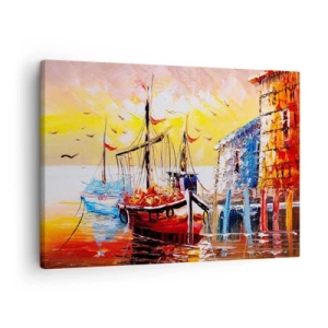 Canvastavla - Bild på duk - Pittoresk hamn vid solnedgången med fiskebåtar - 70x50cm - Lycklig återresa - Modern väggdekoration för vardagsrum och sovrum ARTTOR