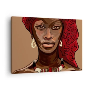 Canvastavla - Bild på duk - Porträtt av en kvinna med röd turban mot beige bakgrund - 70x50cm - Venus i ebenholts - Modern väggdekoration för vardagsrum och sovrum ARTTOR