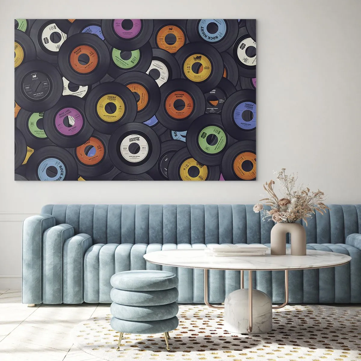 Glastavla - Bild på glas - Färgglada vinylskivor på svart bakgrund - 70x50cm - Klassikens färger - Modern väggdekoration för vardagsrum och sovrum ARTTOR