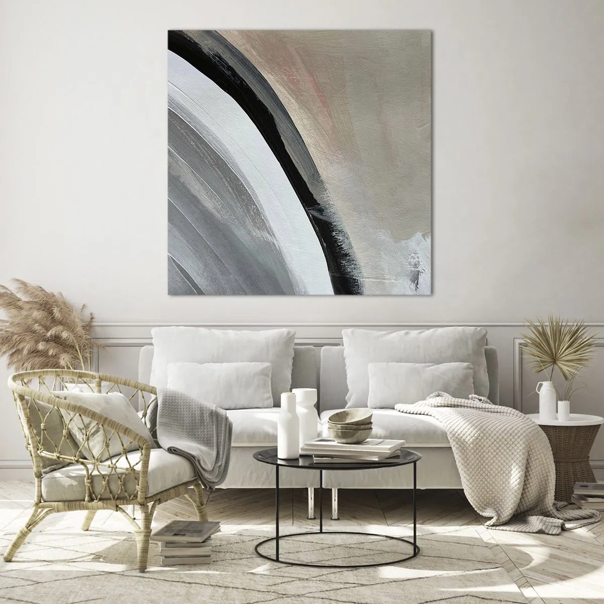 Glastavla - Bild på glas - Komposition: en båge av svart och grått - 50x50 cm