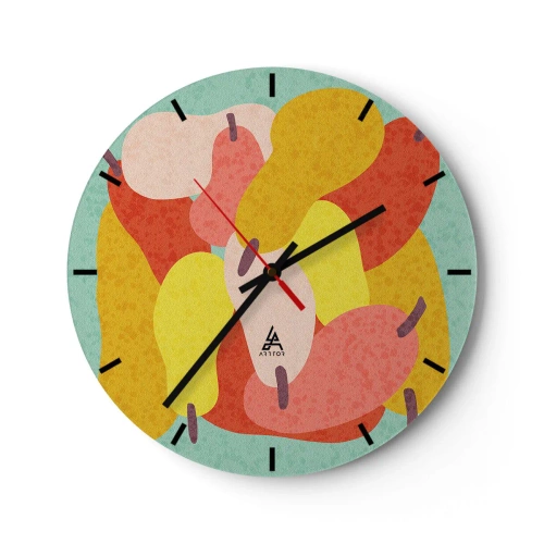 Väggklocka - Klocka på glas - Färgglada päron i grafisk stil mot turkos bakgrund - 30x30cm - Smaka på sommarsolen - Modern väggdekoration för vardagsrum, kök och sovrum ARTTOR