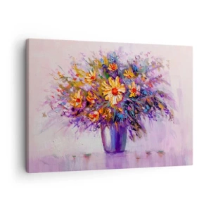 Canvastavla - Bild på duk - En bukett blommor i en vas på en pastellfärgad bakgrund - 70x50cm - Doftar sött, ser sött ut - Modern väggdekoration för vardagsrum och sovrum ARTTOR