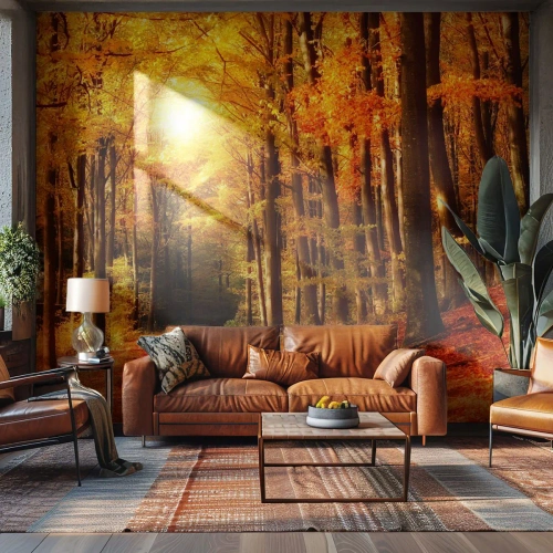Fototapet Standard Eco - Gyllene höst på en skogsväg - Höst, Skog, Landskap - 500x350 cm