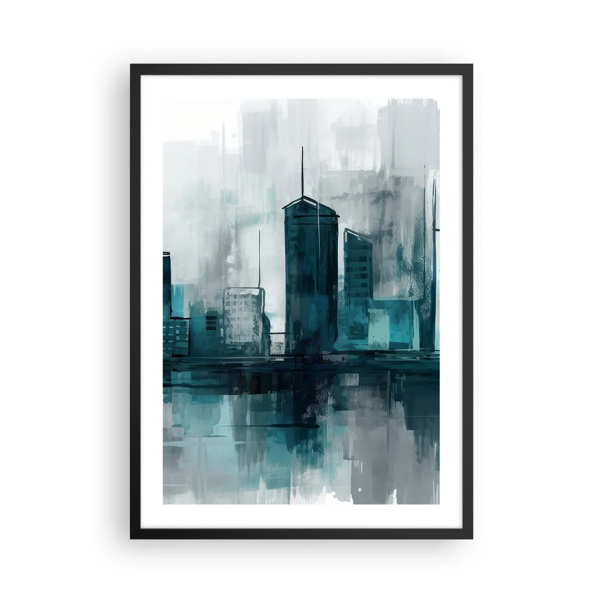 Affisch i svart ram - Ett modernt stadspanorama i nyanser av blått - 50x70cm - Regnfärgad stad - Modern väggdekoration för vardagsrum och sovrum ARTTOR