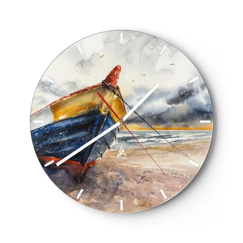 Väggklocka - Klocka på glas - En färgglad båt på en sandstrand i målerisk stil - 30x30cm - Vila på stranden - Modern väggdekoration för vardagsrum, kök och sovrum ARTTOR