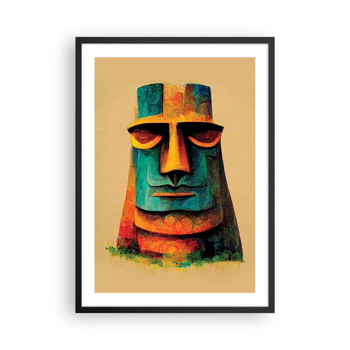 Affisch i svart ram - En färgglad tolkning av en Moai-staty mot en beige bakgrund - 50x70cm - Statylik, men ändå sympatisk - Modern väggdekoration för vardagsrum och sovrum ARTTOR