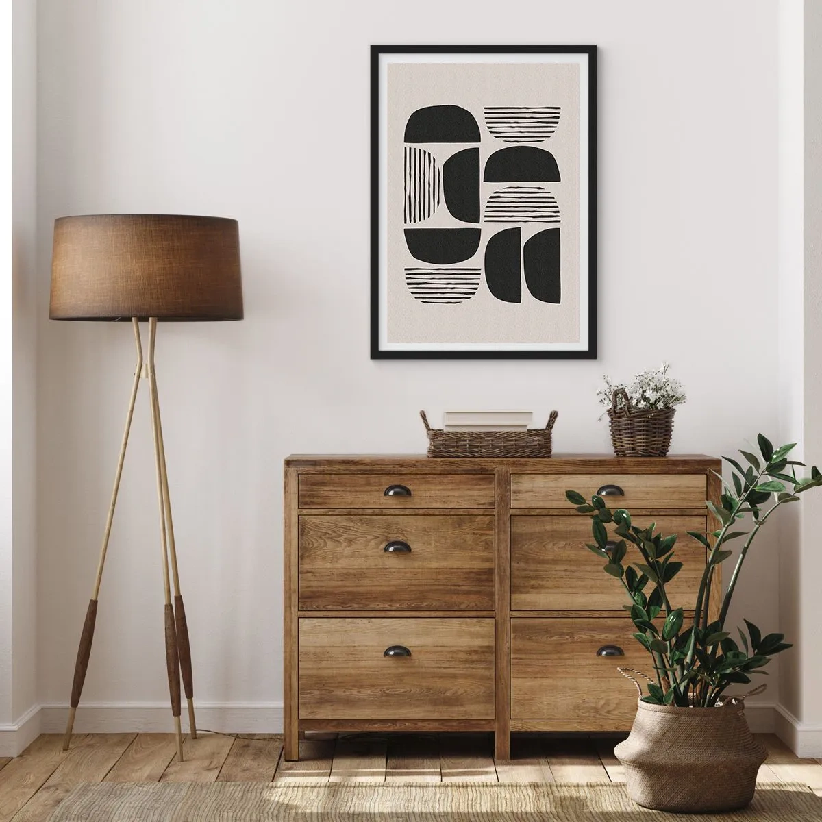 Affisch i svart ram - Geometrisk abstraktion med svarta former och linjer - 50x70cm - Arrangemang med halvor - Modern väggdekoration för vardagsrum och sovrum ARTTOR
