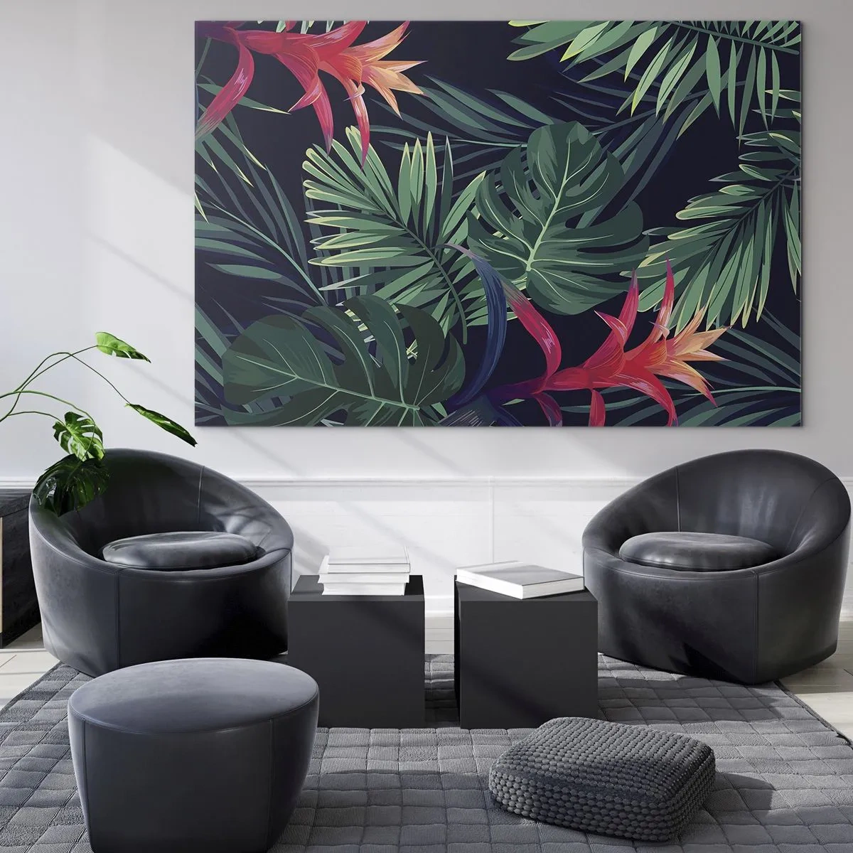 Glastavla - Bild på glas - Exotiska blad och blommor på en mörk bakgrund - 70x50cm - Brinna i grönskan - Modern väggdekoration för vardagsrum och sovrum ARTTOR