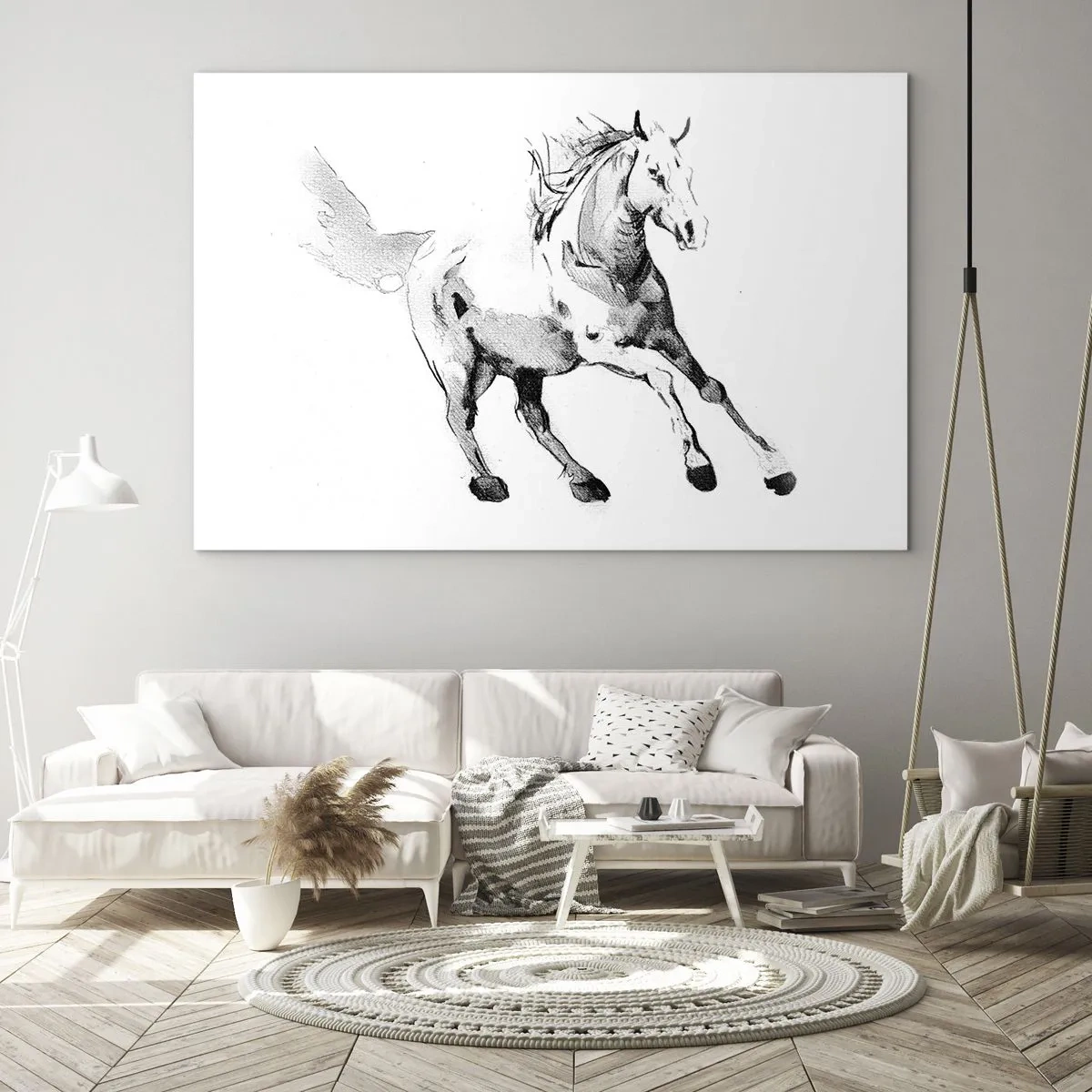 Glastavla - Bild på glas - Svartvit skiss av en galopperande häst på vit bakgrund - 70x50cm - Obändig själ - Modern väggdekoration för vardagsrum och sovrum ARTTOR