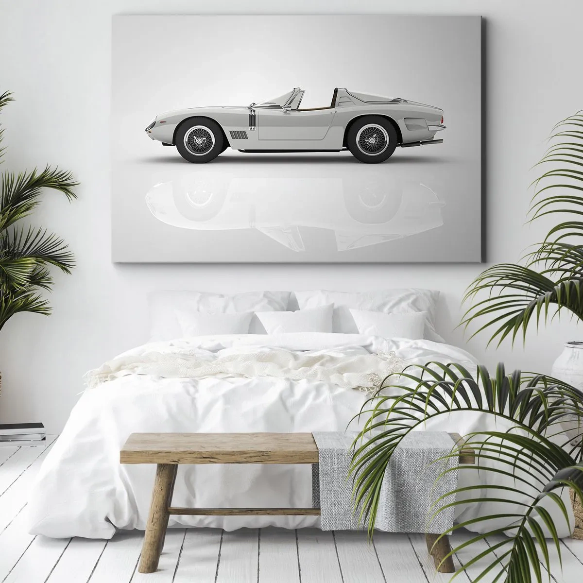 Canvastavla - Bild på duk - Klassisk vit cabriolet på en ljus bakgrund - 70x50cm - Ett löfte om lek - Modern väggdekoration för vardagsrum och sovrum ARTTOR