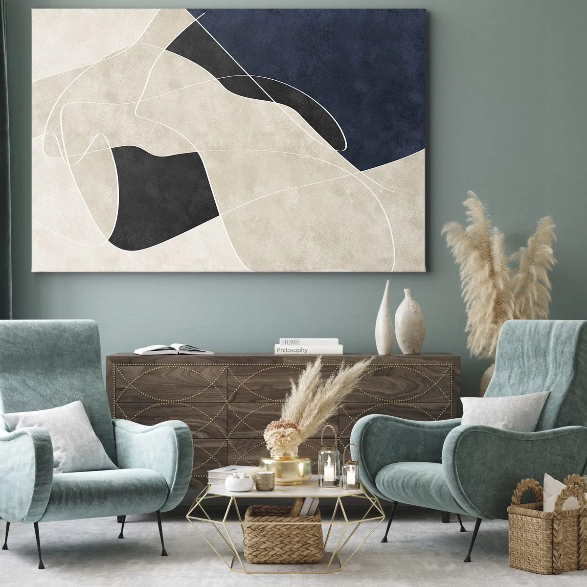 Canvastavla - Bild på duk - Geometrisk abstraktion i nyanser av beige och marinblått - 70x50cm - Abstrakt komposition - färgkontrast - Modern väggdekoration för vardagsrum och sovrum ARTTOR