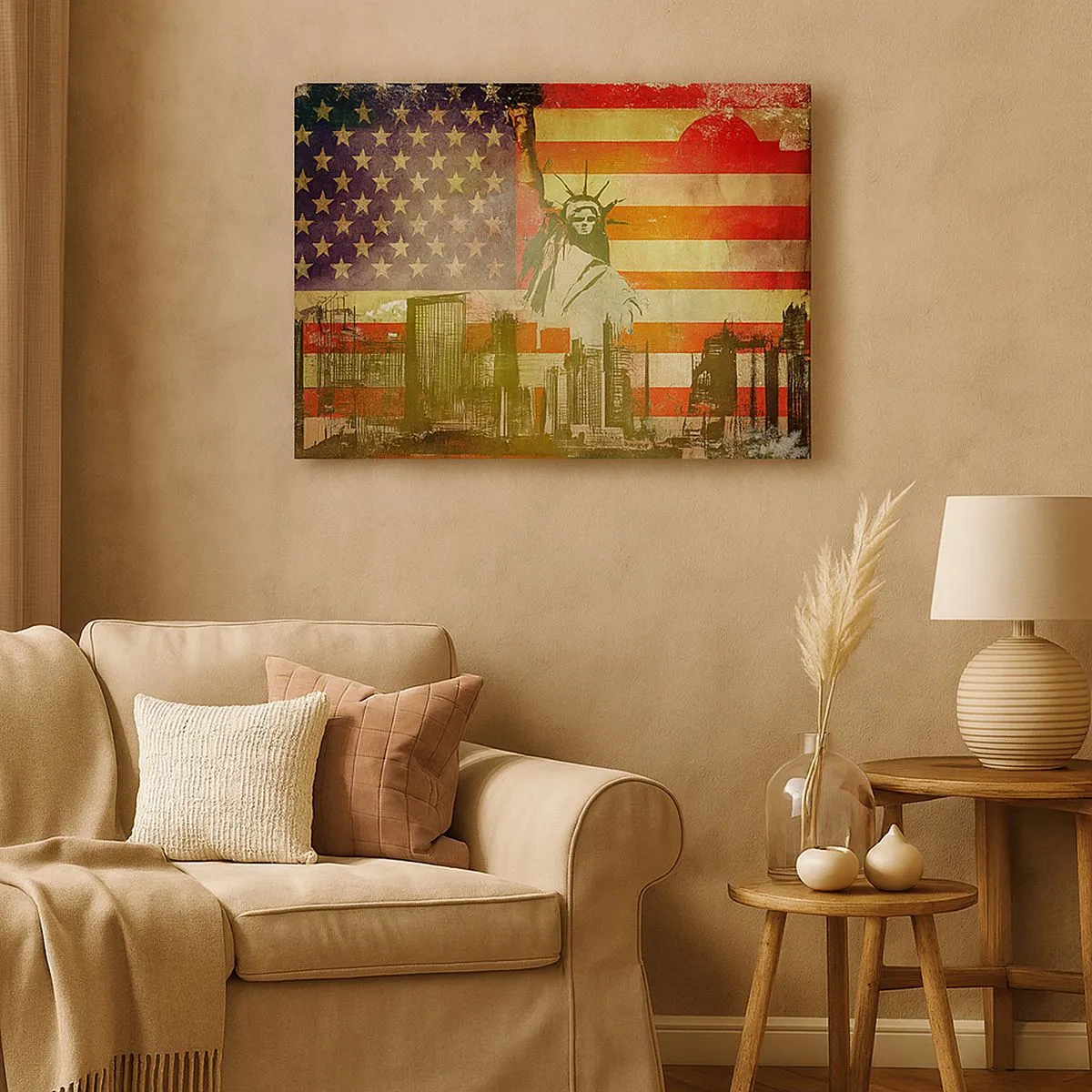 Canvastavla - Bild på duk - Frihetsgudinnan mot bakgrund av den amerikanska flaggan och stadens silhuett - 70x50cm - Viva America! - Modern väggdekoration för vardagsrum och sovrum ARTTOR