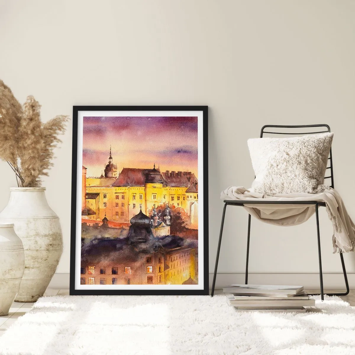 Affisch i svart ram - En pittoresk utsikt över staden i ljuset av den nedgående solen - 50x70cm - En historia och en berättelse - Modern väggdekoration för vardagsrum och sovrum ARTTOR