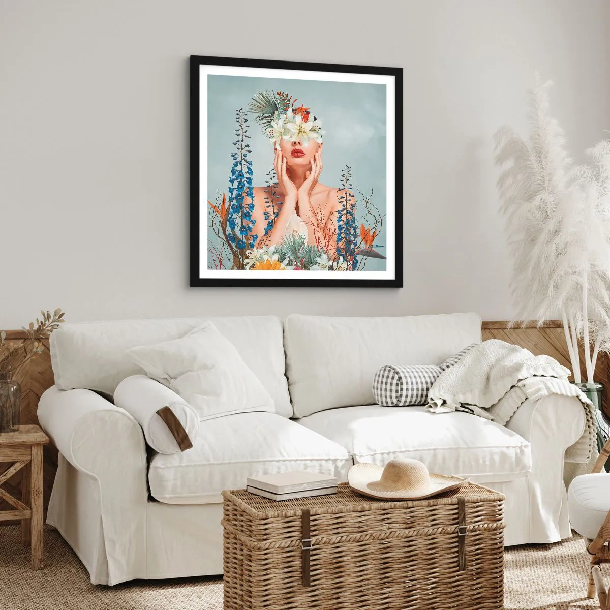 Affisch i svart ram - Kvinna - blomma - 60x60 cm